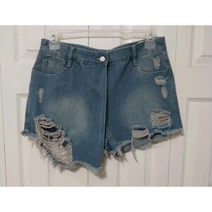 Nova Blue Denim Shorts Half Skort Medium Wash Distressed Frayed Y2K Size Large